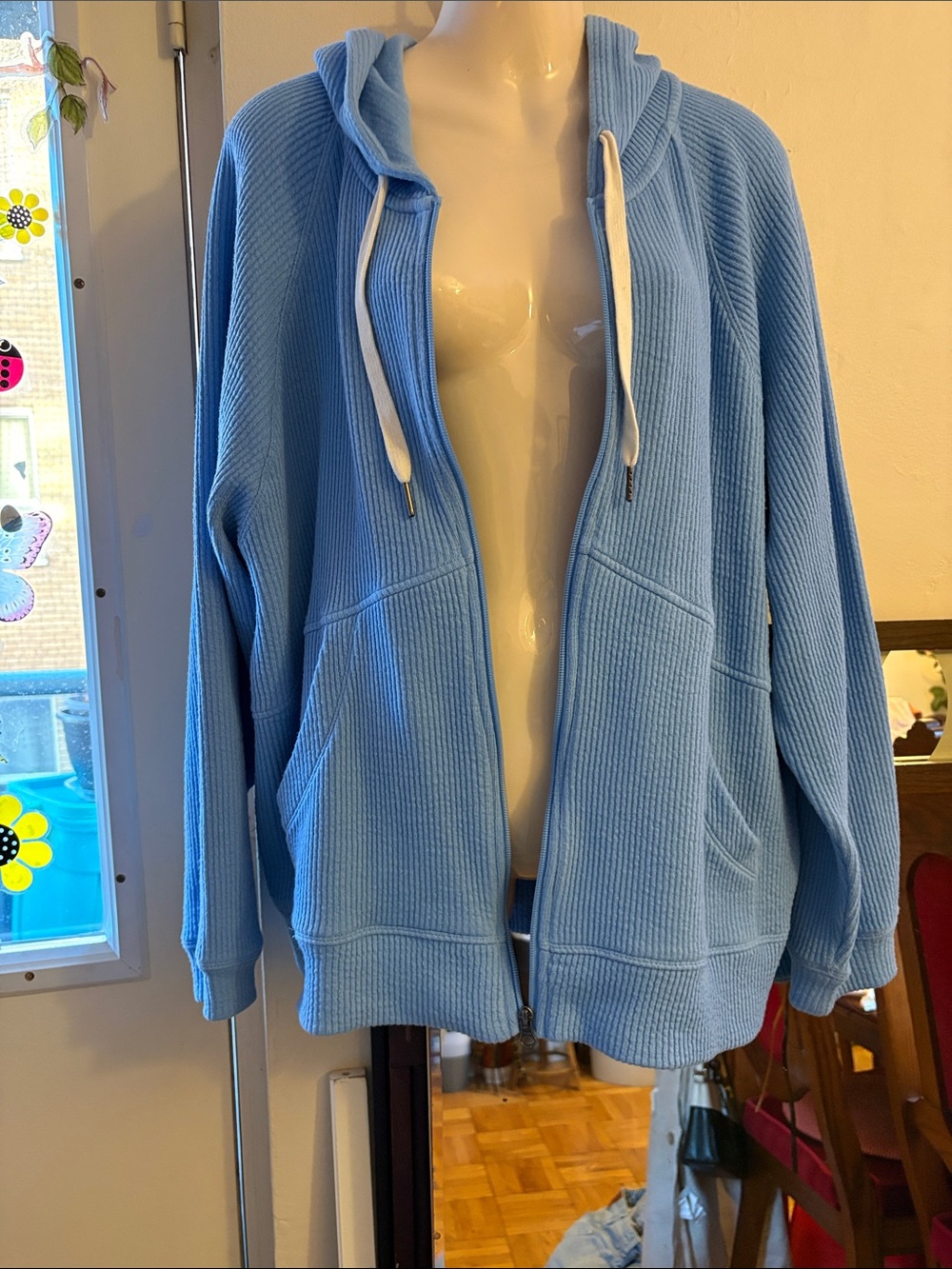 Light Blue Ribbed Zip-Up Hoodie with Drawstring Hood - Picture 3 of 7